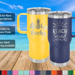 Personalized Beach Vacation Travel Mug, 20 oz Polar Camel Stainless Steel Insulated Mug with Slider Lid, Front and Back Engraving Available