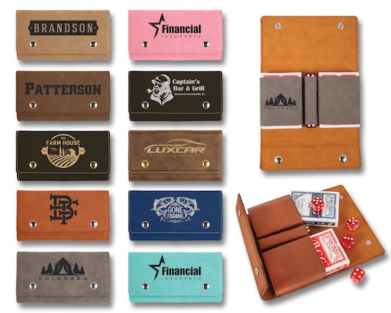 Leatherette Card and Dice Set with Personalized Case, Includes 5 Dice and 2 Decks of Playing Cards, Vegan Leather Card Game Storage Case
