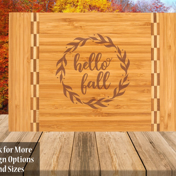 Personalized Bamboo Cutting Board with Butcher Block Inlay for Fall, Custom Engraved Autumn Chopping Board, 3 Sizes Available
