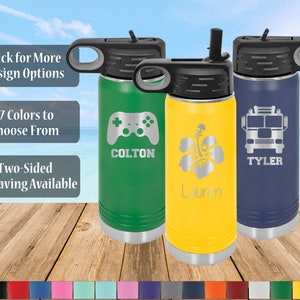 Kids Personalized 20 oz Stainless Steel Water Bottle with Flip Top Lid and Straw, Custom Laser Engraved Insulated Water Bottle for Children
