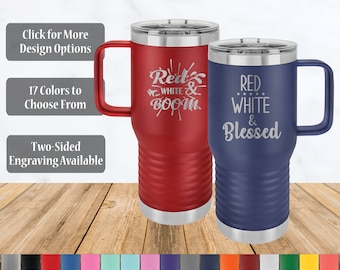 Personalized 20 oz Patriotic Travel Mug with Handle, Custom 4th of July Cup, Memorial Day Tumbler, Stainless Steel Insulated Mug Slider Lid