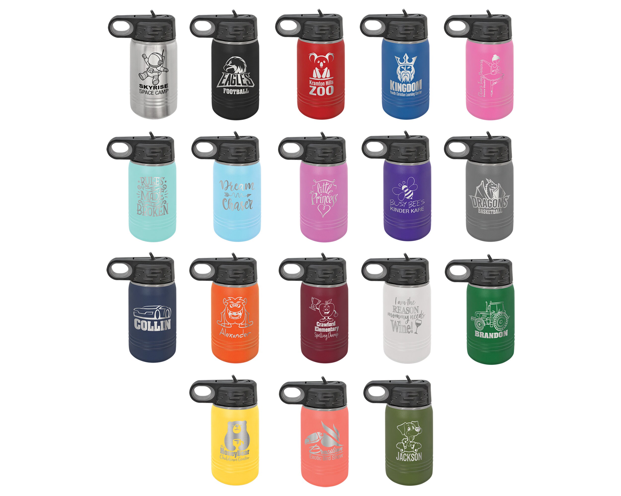 Personalized 12 ounce water bottle for kids with flip top lid and screw on  lid - fits in car cup holder - Tim's Pens and Gifts