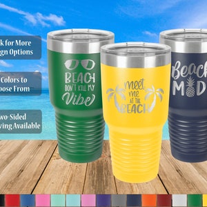 Personalized Beach Vacation Tumbler, 30 oz Polar Camel Stainless Steel Insulated Cup with Lid, Front and Back Engraving Available