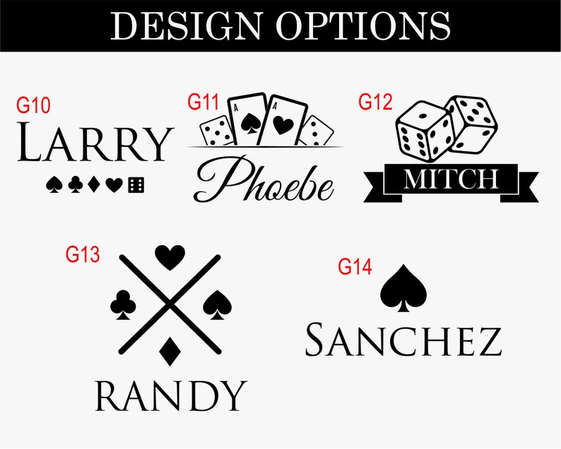 Peut inclure: Quatre options de design pour un cadeau personnalis&eacute; sur le th&egrave;me des cartes &agrave; jouer. La premi&egrave;re option pr&eacute;sente le nom LARRY avec quatre symboles de cartes &agrave; jouer. La deuxi&egrave;me option pr&eacute;sente le nom PHOEBE avec trois cartes &agrave; jouer. La troisi&egrave;me option pr&eacute;sente le nom MITCH avec deux d&eacute;s. La quatri&egrave;me option pr&eacute;sente le nom RANDY avec un symbole de carte &agrave; jouer et le nom SANCHEZ avec un symbole de carte &agrave; jouer.