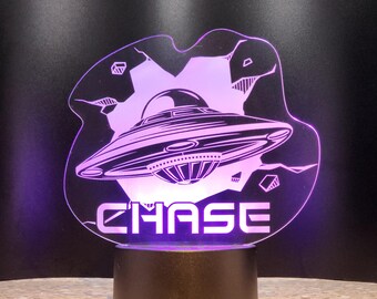 UFO Nightlight Personalized LED with Remote Custom Name Spaceship Night Light Neon Lamp Space Theme Boys Bedroom Light Acrylic Alien LED