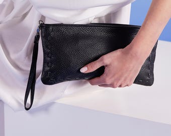 Cartera de mano de piel negra con asa y cremallera, cartera de mano para mujer, cartera de mano negra, cartera de mano negra, "Eleonora", hecha a pedido