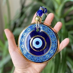 Gran pared redonda de mal de ojo colgante, Nazar Boncuk, amuleto talismán, regalo de bienvenida, gran cuenta de mal de ojo, ojo azul de vidrio