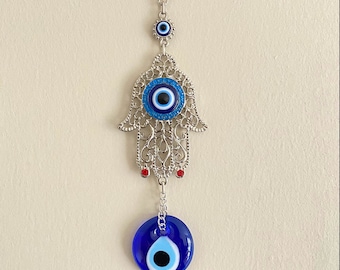 Hamsa Hand Evil Eye Wall Hanging: Silver Plated Nazar Amulet