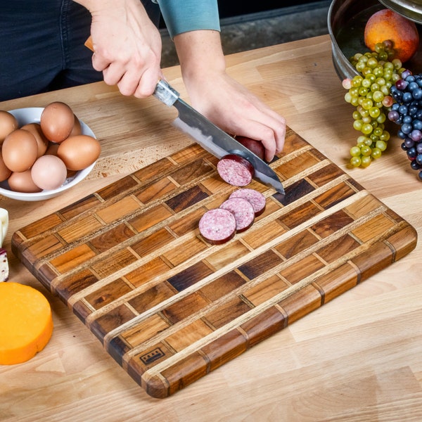 Teak Wood "Brick Wall" Cutting, Charcuterie, Cheese & Bread Board, Large, 16x12x1, for Slicing, Dicing and Food Serving