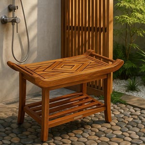 Teak Designer Shower Bench Stool Seat with Leveling Feet, Teak Oil Finish, Large, 19" H x 25" L x 14" W for Your Bathroom, Spa, Pool, Patio image 5