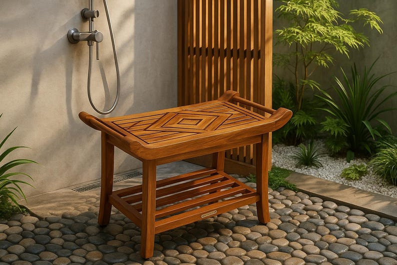 Teak Designer Shower Bench Stool Seat with Leveling Feet, Teak Oil Finish, Large, 19" H x 25" L x 14" W for Your Bathroom, Spa, Pool, Patio image 5