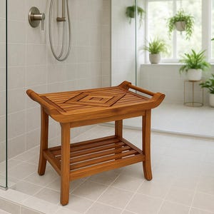 Teak Designer Shower Bench Stool Seat with Leveling Feet, Teak Oil Finish, Large, 19" H x 25" L x 14" W for Your Bathroom, Spa, Pool, Patio image 2