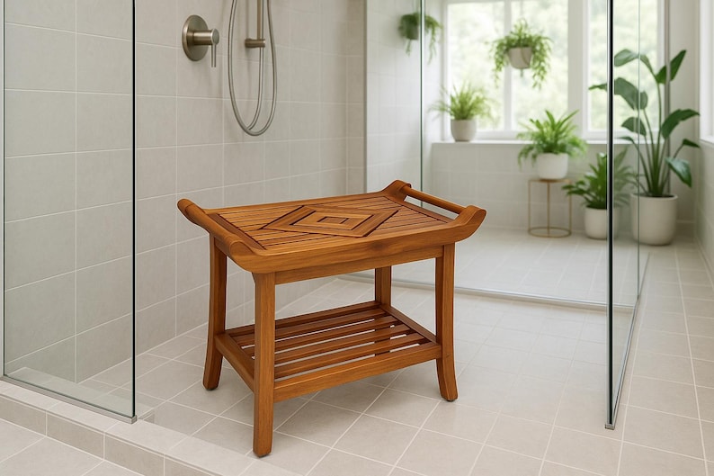 Teak Designer Shower Bench Stool Seat with Leveling Feet, Teak Oil Finish, Large, 19" H x 25" L x 14" W for Your Bathroom, Spa, Pool, Patio image 2