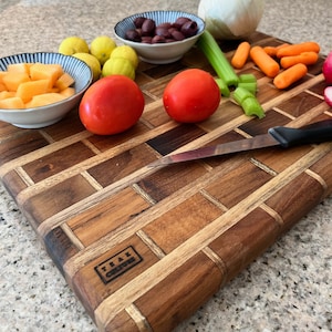 Teak Wood "Brick Wall" Cutting, Charcuterie, Cheese & Bread Board, Large, 16x12x1, for Slicing, Dicing and Food Serving