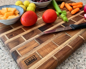 Teak Wood "Brick Wall" Cutting, Charcuterie, Cheese & Bread Board, Large, 16x12x1, for Slicing, Dicing and Food Serving