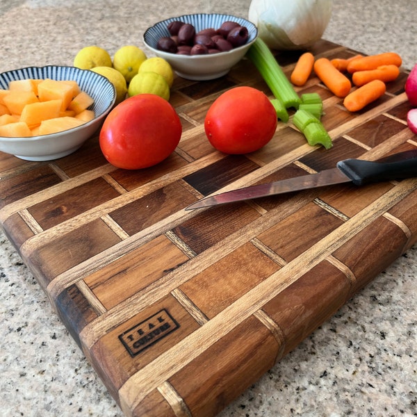 Teak Wood "Brick Wall" Cutting, Charcuterie, Cheese & Bread Board, Large, 16x12x1, for Slicing, Dicing and Food Serving