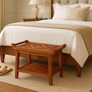 Teak Designer Shower Bench Stool Seat with Leveling Feet, Teak Oil Finish, Large, 19" H x 25" L x 14" W for Your Bathroom, Spa, Pool, Patio image 7