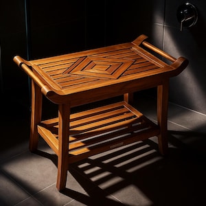 Teak Designer Shower Bench Stool Seat with Leveling Feet, Teak Oil Finish, Large, 19" H x 25" L x 14" W for Your Bathroom, Spa, Pool, Patio image 10