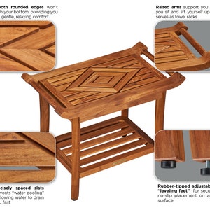 May include: A wooden shower bench with a slatted top and a lower shelf. The bench has rounded edges, raised arms, and rubber-tipped adjustable leveling feet.
