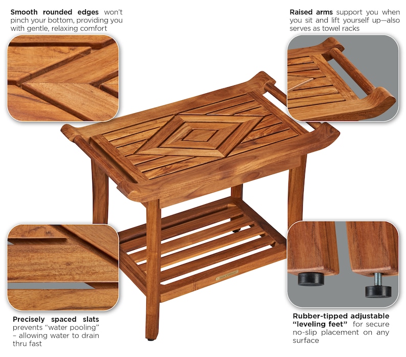 May include: A wooden shower bench with a slatted top and a lower shelf. The bench has rounded edges, raised arms, and rubber-tipped adjustable leveling feet.