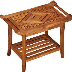 Teak Designer Shower Bench Stool Seat with Leveling Feet, Teak Oil Finish, Large, 19&quot; H x 25&quot; L x 14&quot; W for Your Bathroom, Spa, Pool, Patio