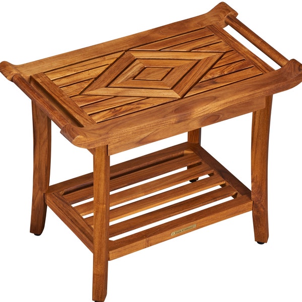 Teak Designer Shower Bench Stool Seat with Leveling Feet, Teak Oil Finish, Large, 19" H x 25" L x 14" W for Your Bathroom, Spa, Pool, Patio