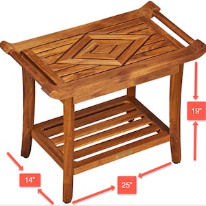 Teak Designer Shower Bench Stool Seat with Leveling Feet, Teak Oil Finish, Large, 19" H x 25" L x 14" W for Your Bathroom, Spa, Pool, Patio image 9