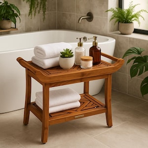 Teak Designer Shower Bench Stool Seat with Leveling Feet, Teak Oil Finish, Large, 19" H x 25" L x 14" W for Your Bathroom, Spa, Pool, Patio image 3