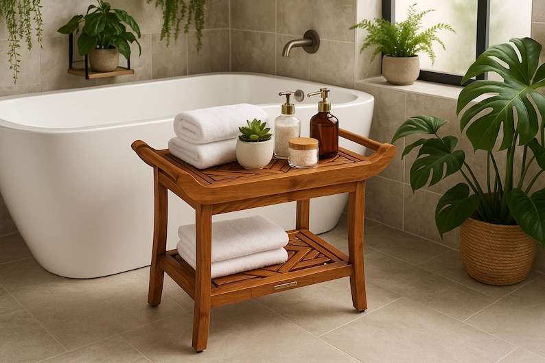 Teak Designer Shower Bench Stool Seat with Leveling Feet, Teak Oil Finish, Large, 19" H x 25" L x 14" W for Your Bathroom, Spa, Pool, Patio image 3