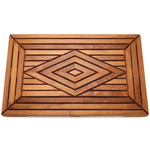 May include: A rectangular wooden bath mat featuring a series of horizontal slats arranged to form a central diamond pattern. The mat is constructed from natural brown wood with visible grain, showcasing a geometric design with mitered corners.