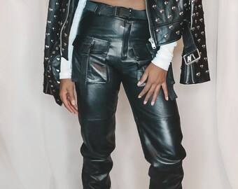 Ines Leather Cropped Cargo Jogger Pant | Black Cropped Pant | Leather Pant | Black Leather Bottom | Real Leather Pant | Ache Mode