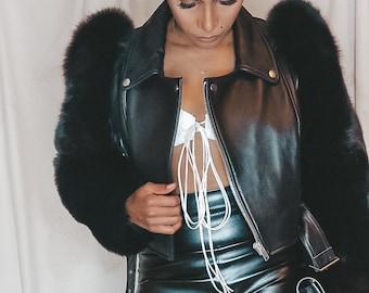 Taz Black Fox Fur Sleeve Black Leather Jacket, Womens Real Fox Fur