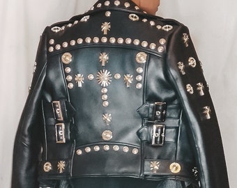 Kay Golden Button Black Leather Biker Jacket | Studded Leather Punk Rock Women Outerwear Jacket | Rocker Jacket | Ache Mode