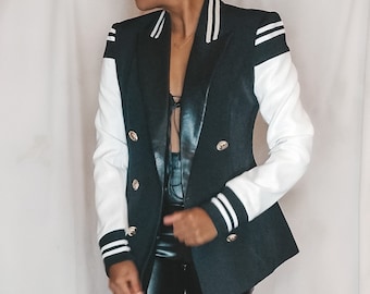 Mary Faux Leather Sleeve Varsity Blazer Suit Jacket with Golden Buttons |  Ache Mode