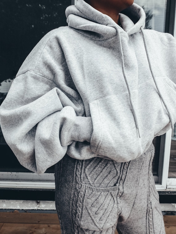 Inacia Grey Fleece Cropped Hoodie Sweatshirt Comfy Cozy Lounge