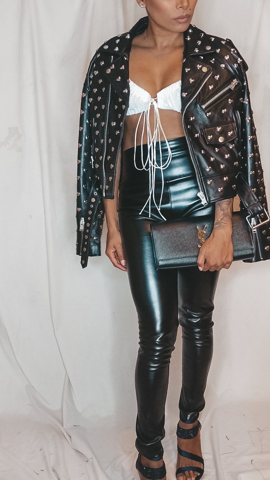 Chichi Heart Studded Black Leather Biker Jacket, Womens Outerwear, Punk  Rock and Roll Silver Studded Motto Leather Jacket Ache Mode