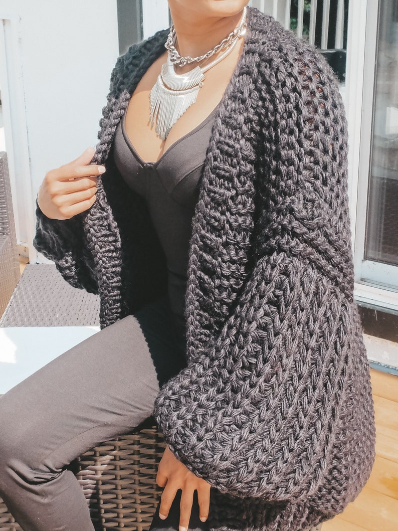 Kole Charcoal Chunky Knit Cardigan Handknitted Long Sleeve Oversized Cozy Sweater Thick Batwing Cardigan Ache Mode image 5