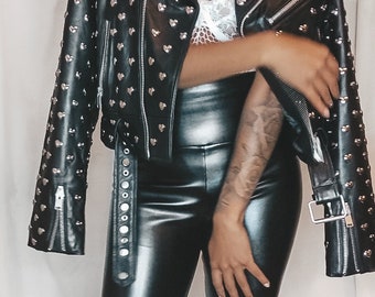 Chichi Heart Studded Black Leather Biker Jacket, Womens