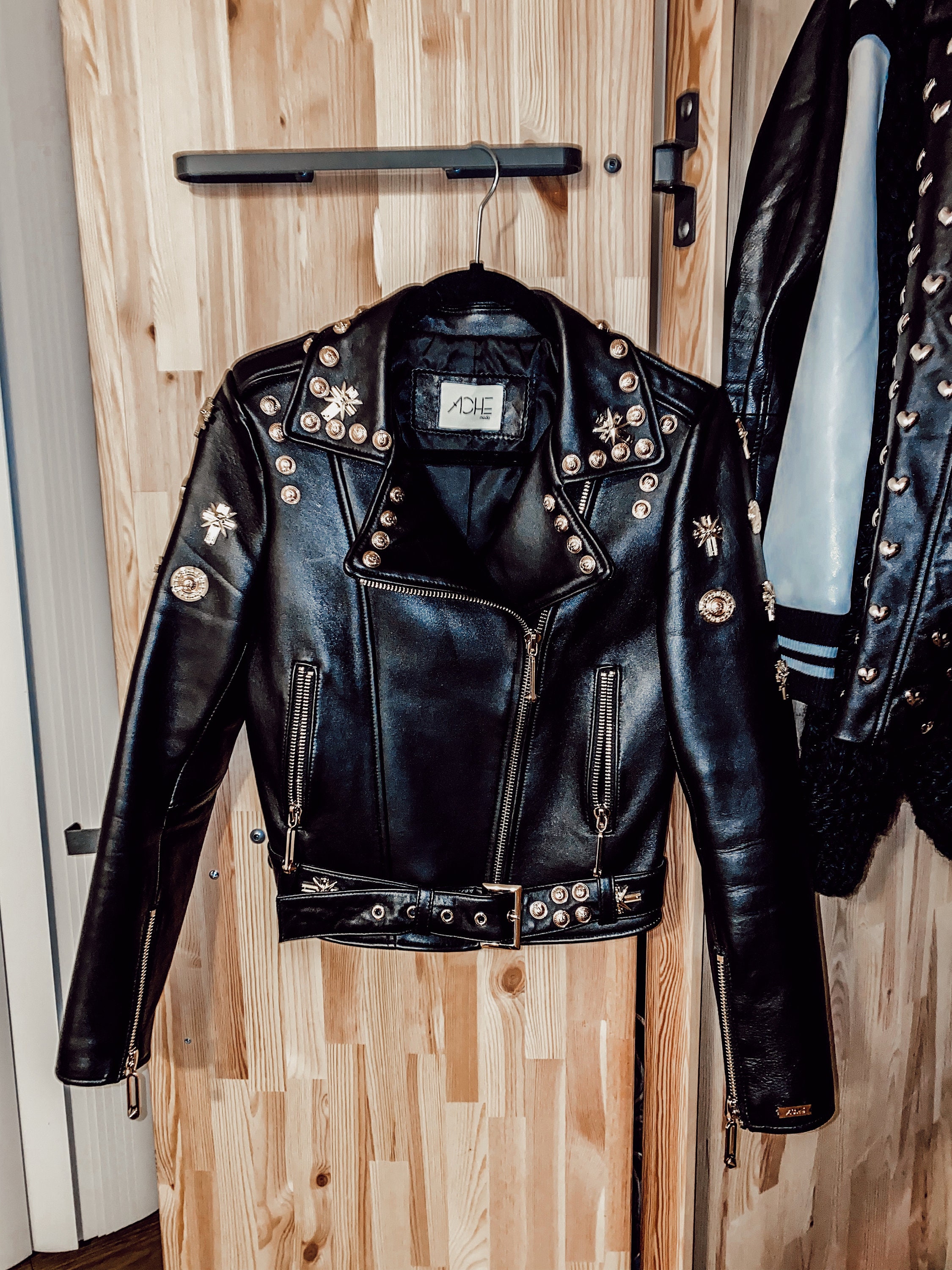 Kay Golden Button Black Leather Biker Jacket | Studded