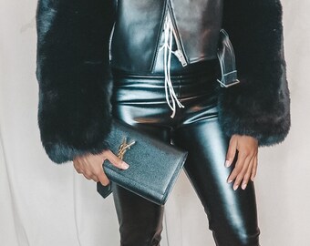 Taz Black Fox Fur Sleeve Black Leather Jacket, Womens Real