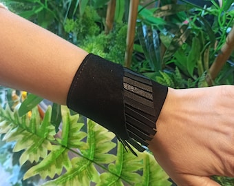 Black Leather Tassel Cuff Bracelet: Boho Fringe Wristband