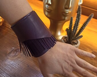 Purple Leather Cuff Bracelet: Genuine Suede Tassel Wristband