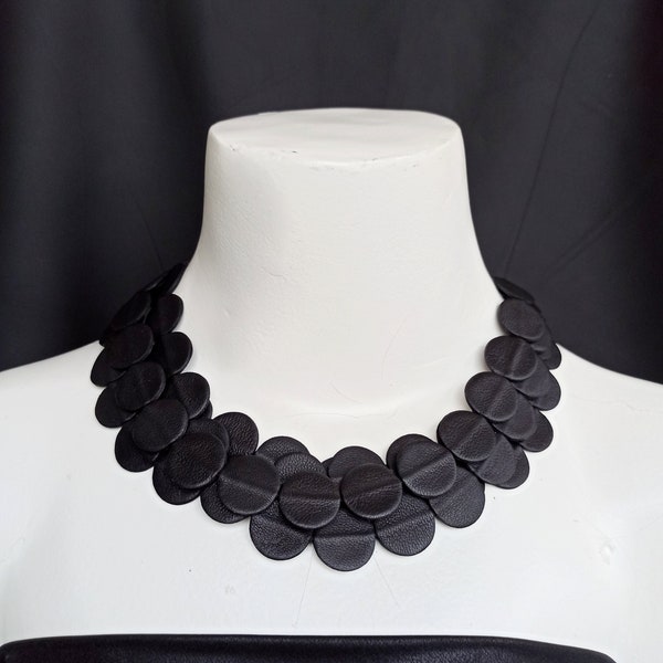 Leather Large Necklace, 4 Four Strands Layered Necklace, Black Long Necklace, 4 Row Necklace, Bib Necklace Statement, Leather Gift for her