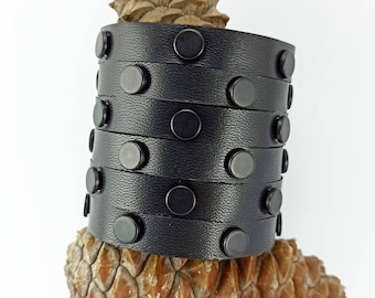 Black Leather Cuff Bracelet: Studded Wide Wristband