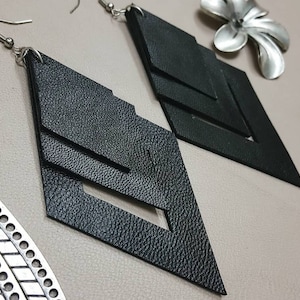 Statements Black Leather Earrings, Rhombus earrings, Big Large Jewelry, Christmas fo Womens Gifts