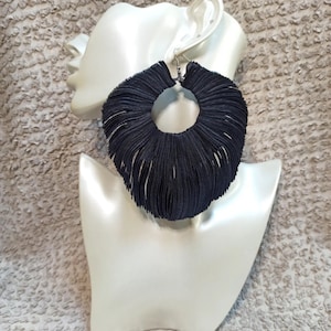 Large Black Leather Hoop Earrings, Huge Oversized Extra Long Earrings, Real Leather