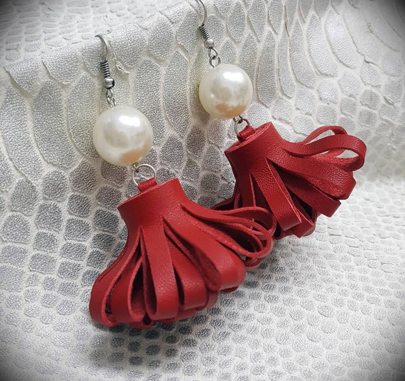 Lightweight Jewelry Extra Long Large Dangle/&Drop Red Tassel Real Leather Earring Valentines Heart Gift Darling Genuine Accessories