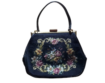 Vintage Needlepoint Handbag Purse Black Floral