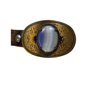 Brass colour vintage western belt and buckle with blue and white stone . cowboy cowgirl costume . yellowstone