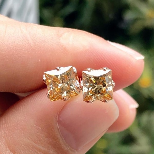 Champaign Moissanite Stud Earrings, 6 mm Princess Cut Wedding Stud, Champagne Diamond Earring, Solitaire Diamond Stud, Gift For Woman Stud.